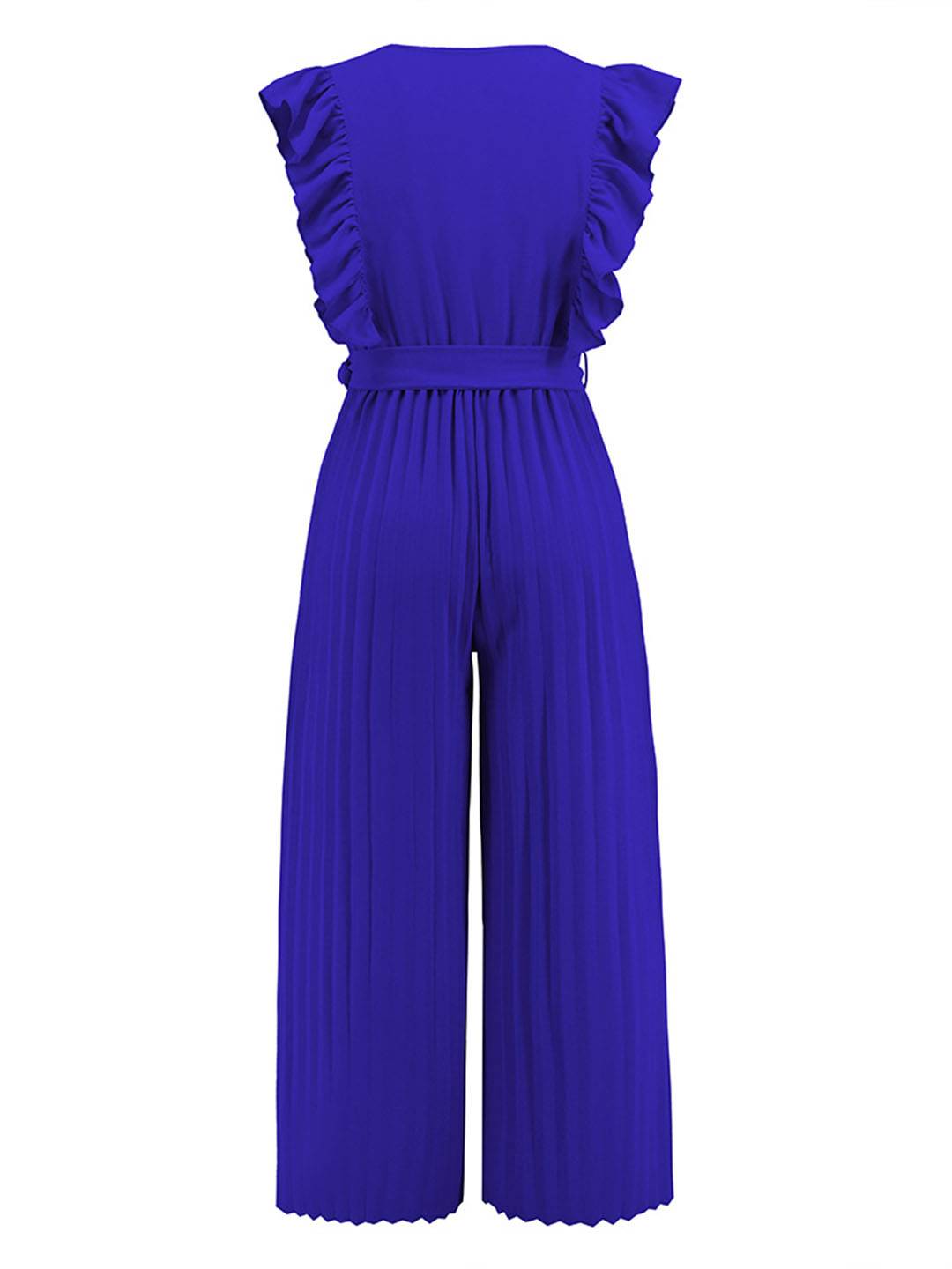 Sarah | Weite Hosenanzüge mit ausgestelltem Bein, V-Ausschnitt mit Rüschen, plissiertem Gürtel, ärmellos, elegant, boho, lässig