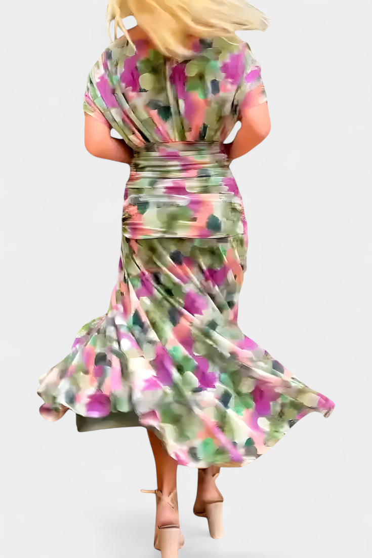 Florendra | Langes Kleid mit floralem Muster und V-Ausschnitt