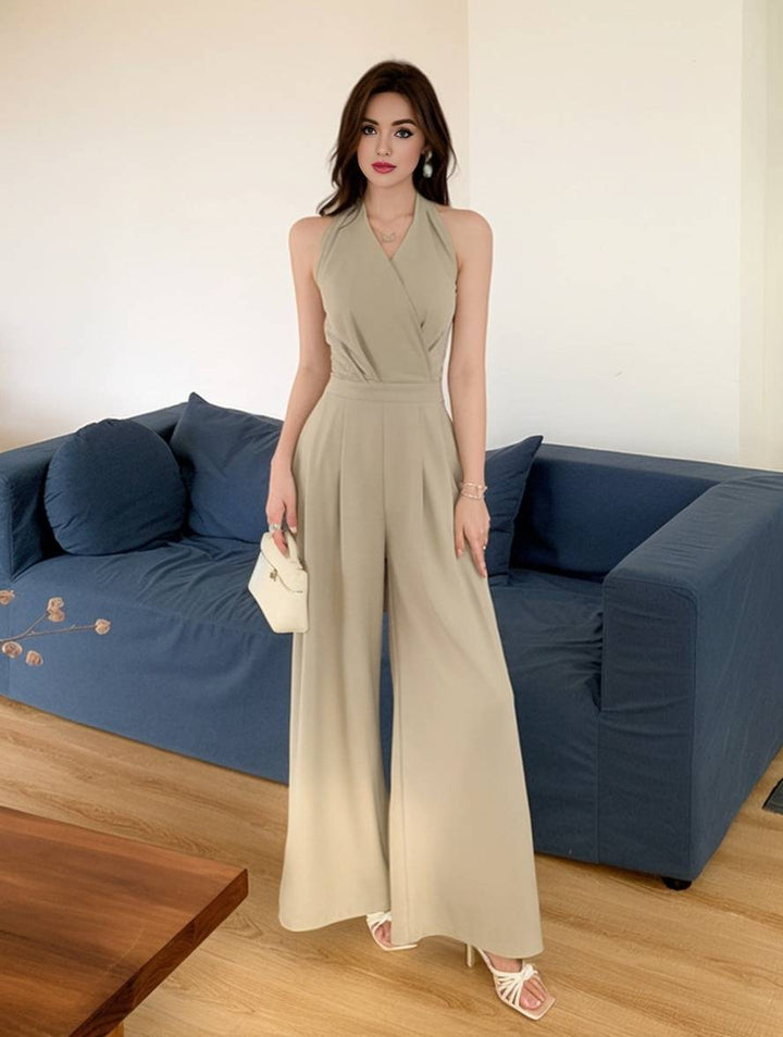 Laura | weit geschnittene Overalls mit ausgestelltem Bein, einfarbig, rückenfrei, V-Ausschnitt, ärmellos, Damen, lässig, elegant, leger