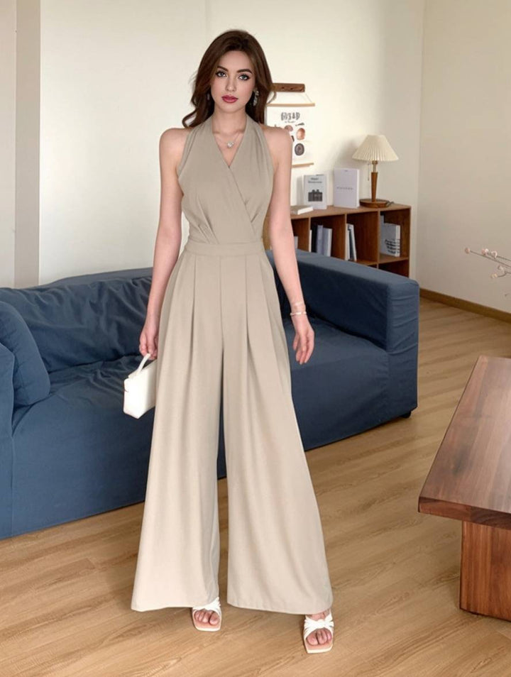 Laura | weit geschnittene Overalls mit ausgestelltem Bein, einfarbig, rückenfrei, V-Ausschnitt, ärmellos, Damen, lässig, elegant, leger