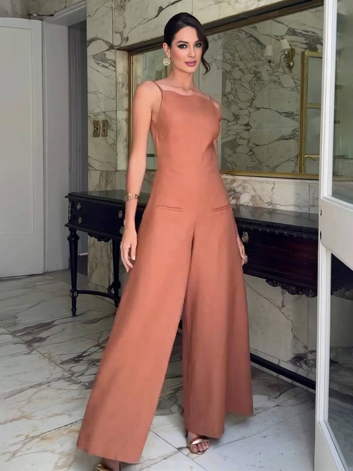 Lena | Weite, ausgestellte Overalls aus Leinen, rückenfrei, mit dünnen Trägern, ärmellos, elegant, lässig, im Urlaubsstil für Damen
