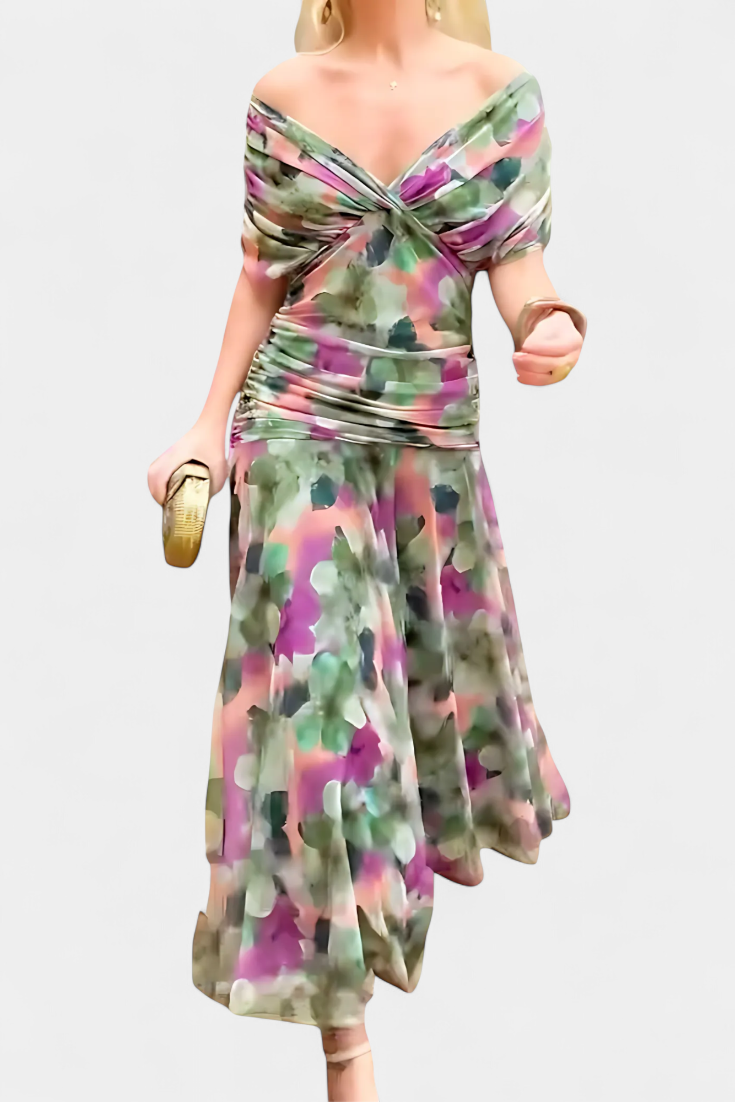 Florendra | Langes Kleid mit floralem Muster und V-Ausschnitt