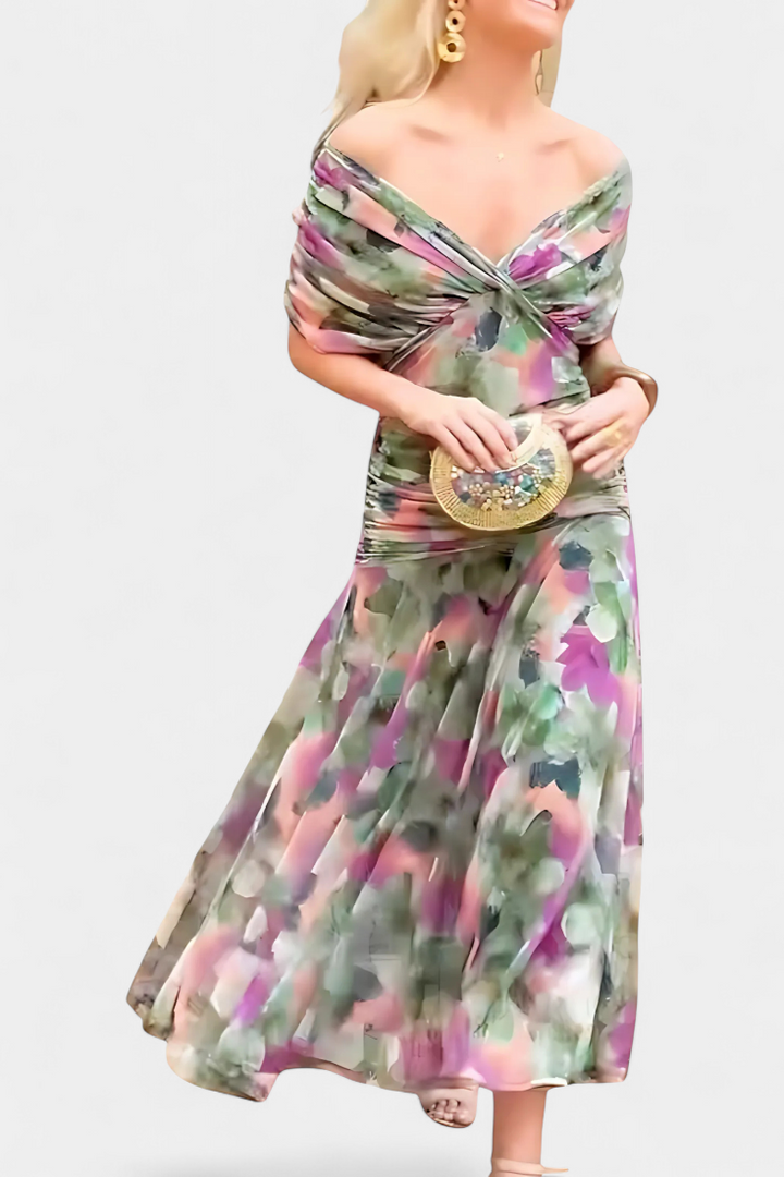 Florendra | Langes Kleid mit floralem Muster und V-Ausschnitt