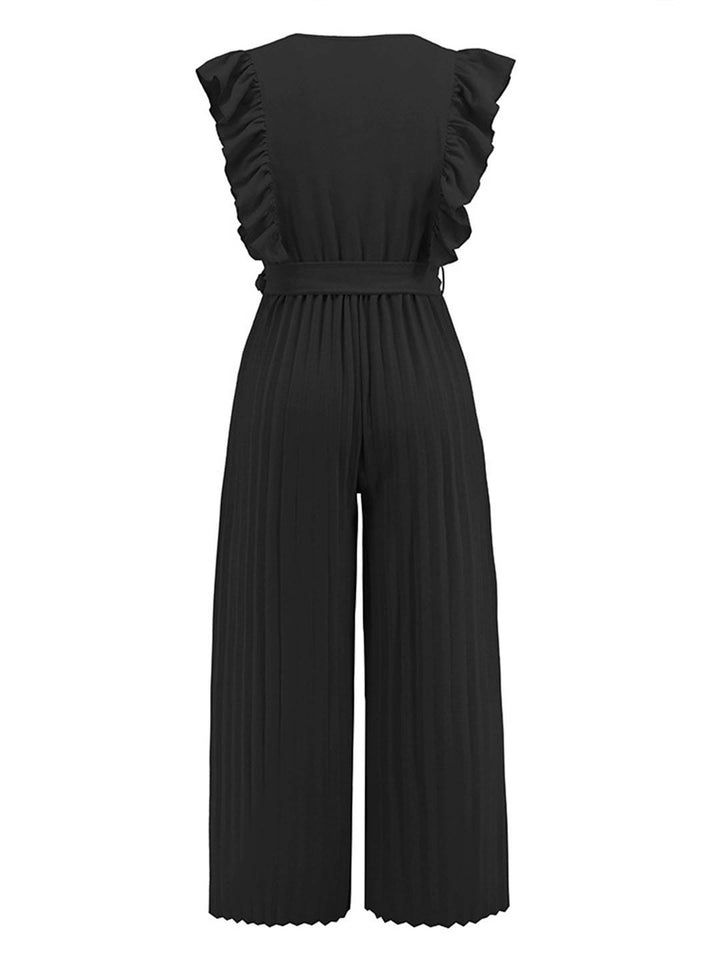 Sarah | Weite Hosenanzüge mit ausgestelltem Bein, V-Ausschnitt mit Rüschen, plissiertem Gürtel, ärmellos, elegant, boho, lässig