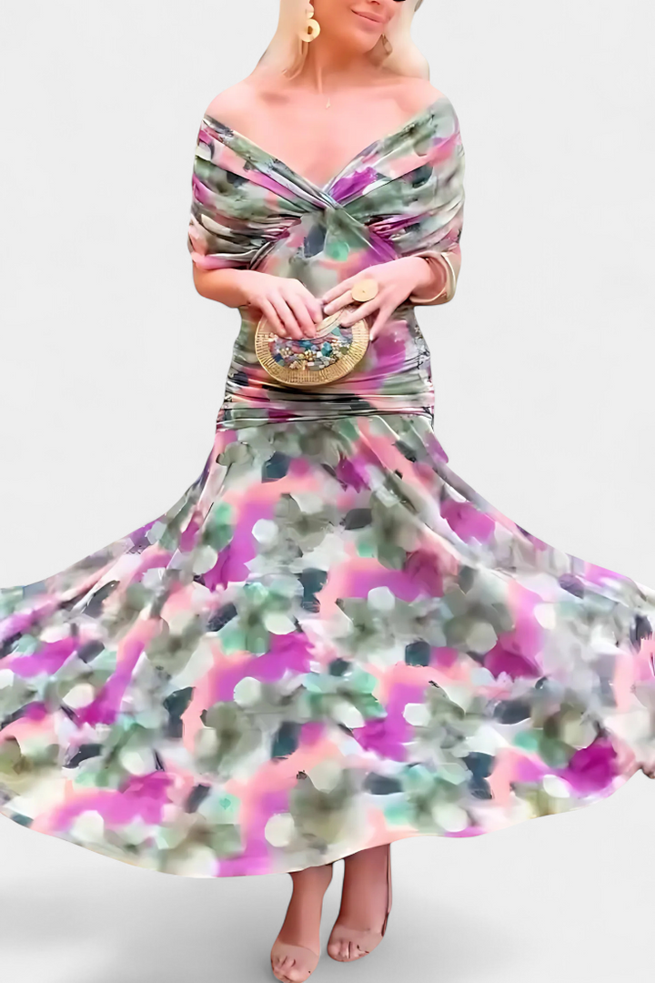 Florendra | Langes Kleid mit floralem Muster und V-Ausschnitt