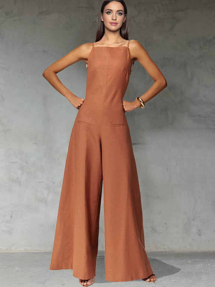 Lena | Weite, ausgestellte Overalls aus Leinen, rückenfrei, mit dünnen Trägern, ärmellos, elegant, lässig, im Urlaubsstil für Damen