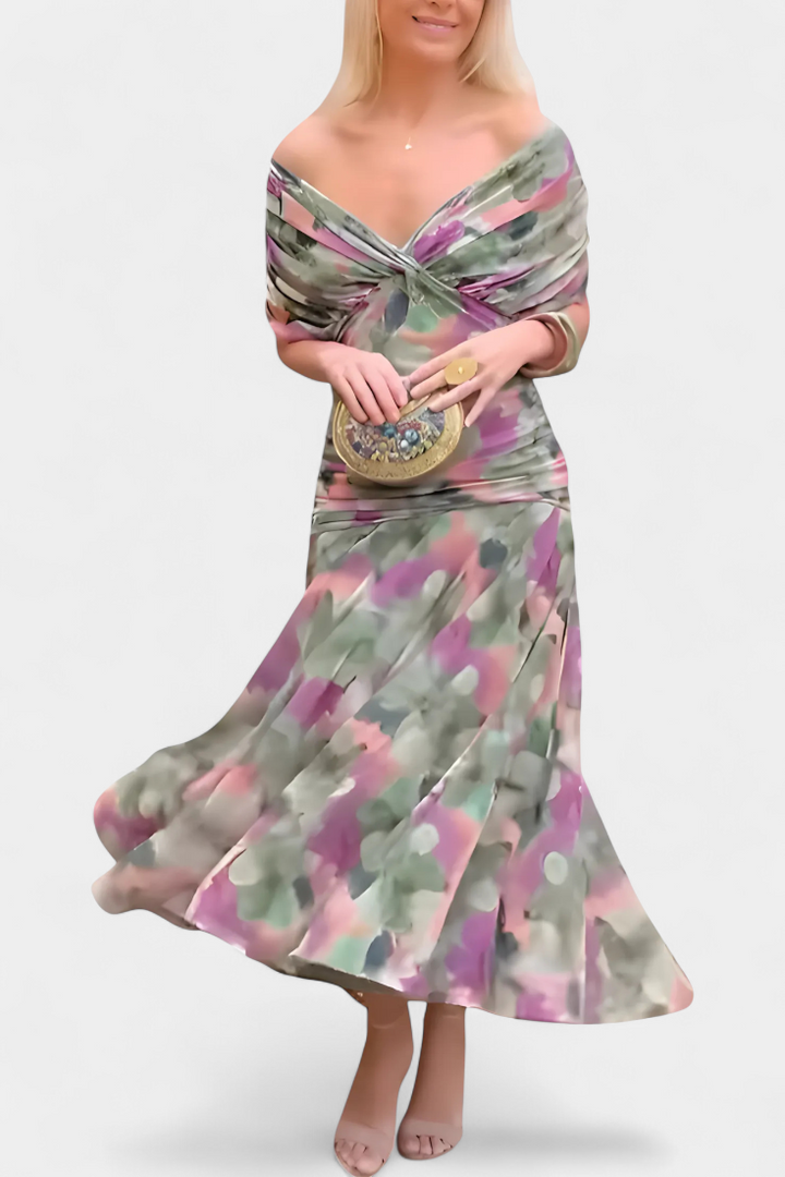 Florendra | Langes Kleid mit floralem Muster und V-Ausschnitt