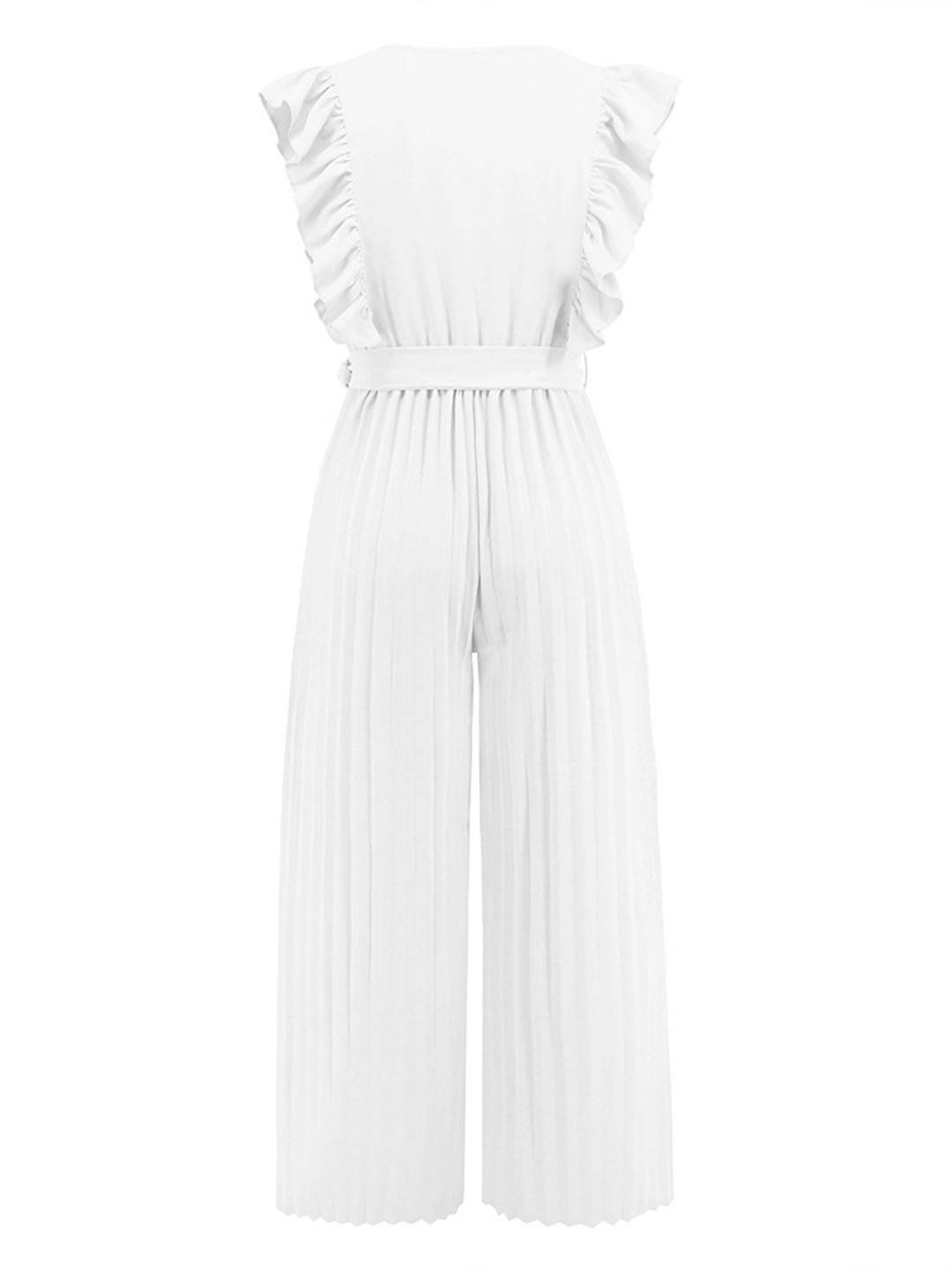 Sarah | Weite Hosenanzüge mit ausgestelltem Bein, V-Ausschnitt mit Rüschen, plissiertem Gürtel, ärmellos, elegant, boho, lässig