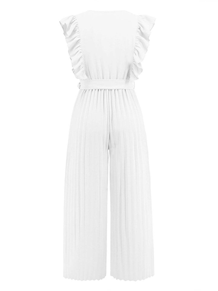 Sarah | Weite Hosenanzüge mit ausgestelltem Bein, V-Ausschnitt mit Rüschen, plissiertem Gürtel, ärmellos, elegant, boho, lässig