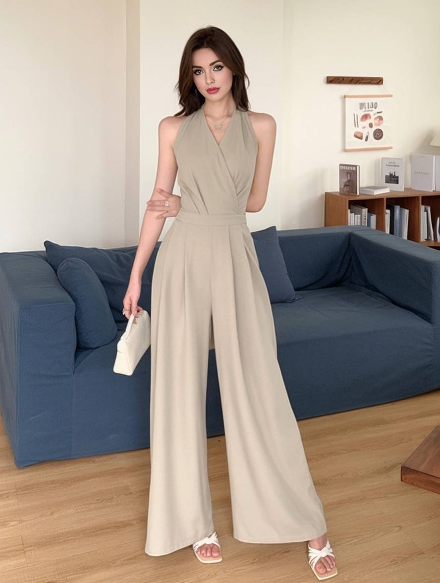 Laura | weit geschnittene Overalls mit ausgestelltem Bein, einfarbig, rückenfrei, V-Ausschnitt, ärmellos, Damen, lässig, elegant, leger