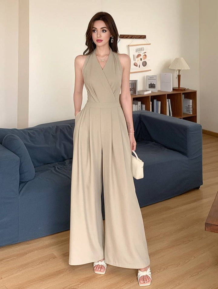 Laura | weit geschnittene Overalls mit ausgestelltem Bein, einfarbig, rückenfrei, V-Ausschnitt, ärmellos, Damen, lässig, elegant, leger