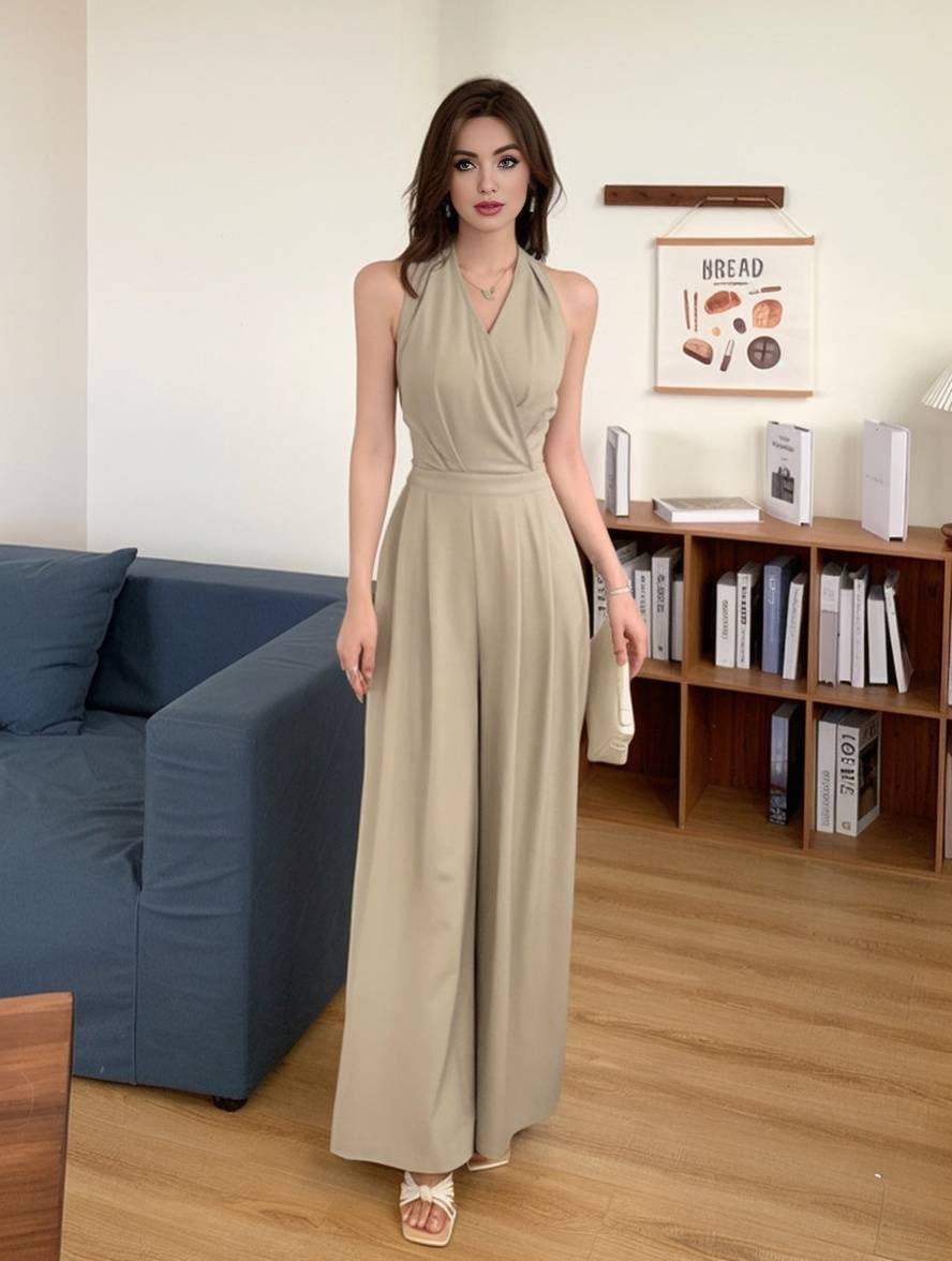 Laura | weit geschnittene Overalls mit ausgestelltem Bein, einfarbig, rückenfrei, V-Ausschnitt, ärmellos, Damen, lässig, elegant, leger