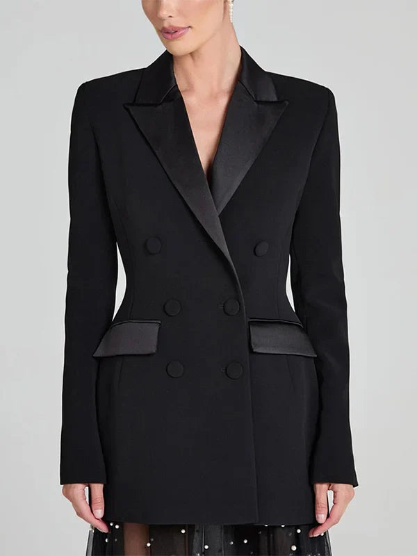 Sofia | Wendbarer Blazer aus schwarzem Satin mit doppelter Knopfreihe