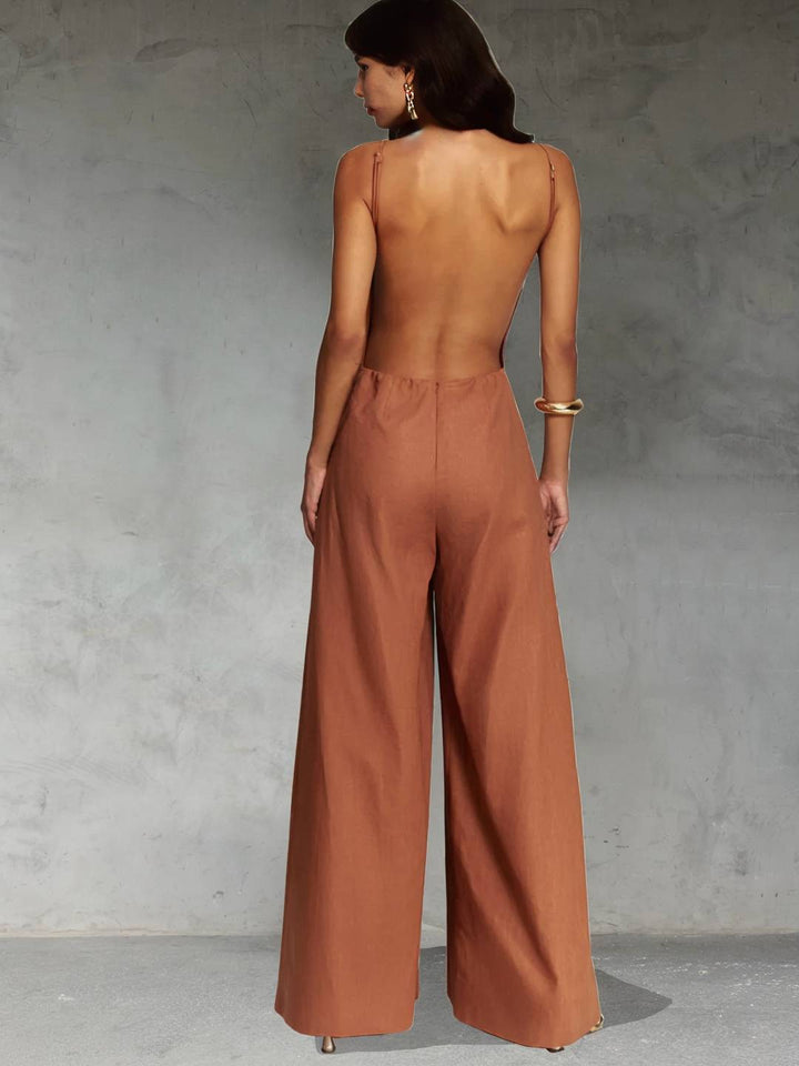 Lena | Weite, ausgestellte Overalls aus Leinen, rückenfrei, mit dünnen Trägern, ärmellos, elegant, lässig, im Urlaubsstil für Damen