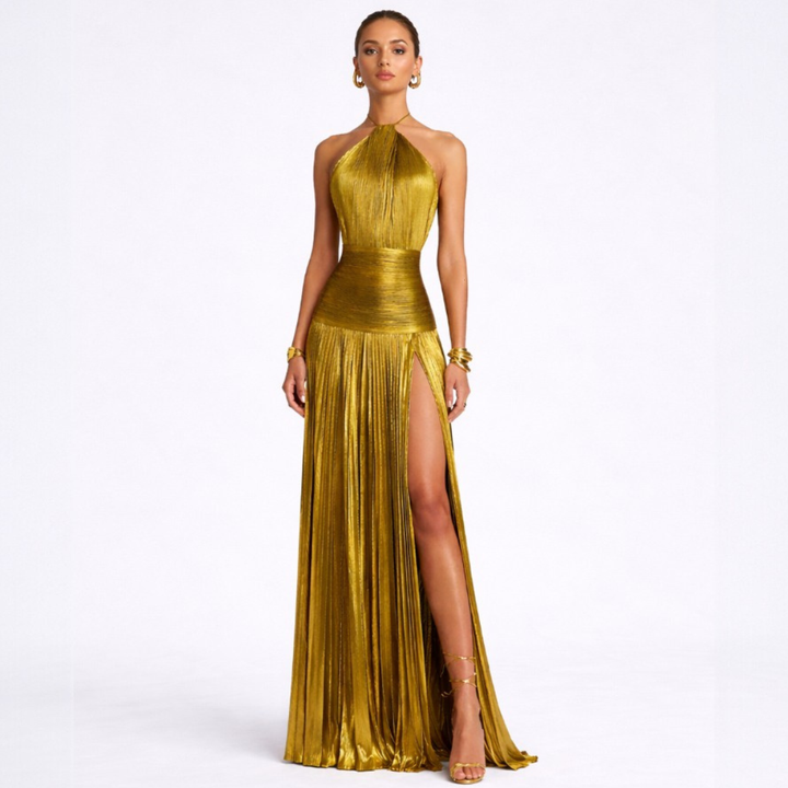 Emma | Kleid mit Halter und offener Rückenpartie in Metallic