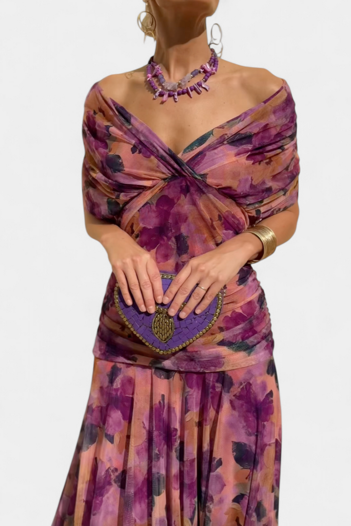 Florendra | Langes Kleid mit floralem Muster und V-Ausschnitt