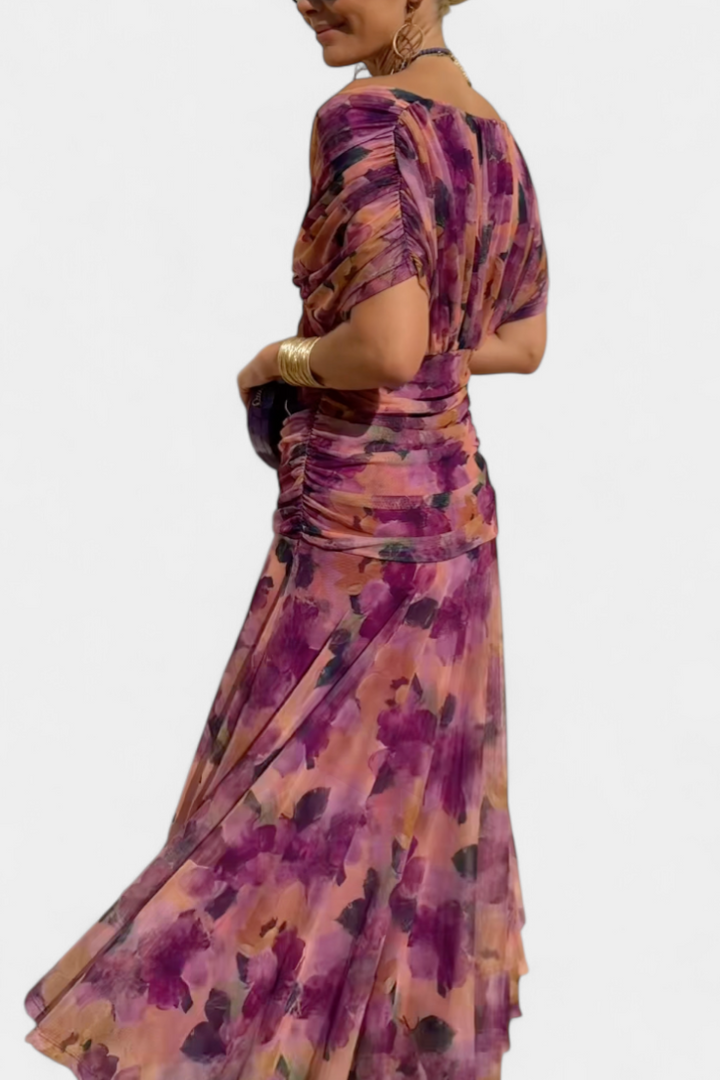 Florendra | Langes Kleid mit floralem Muster und V-Ausschnitt