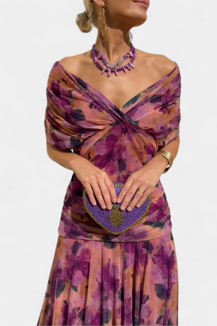 Florendra | Langes Kleid mit floralem Muster und V-Ausschnitt