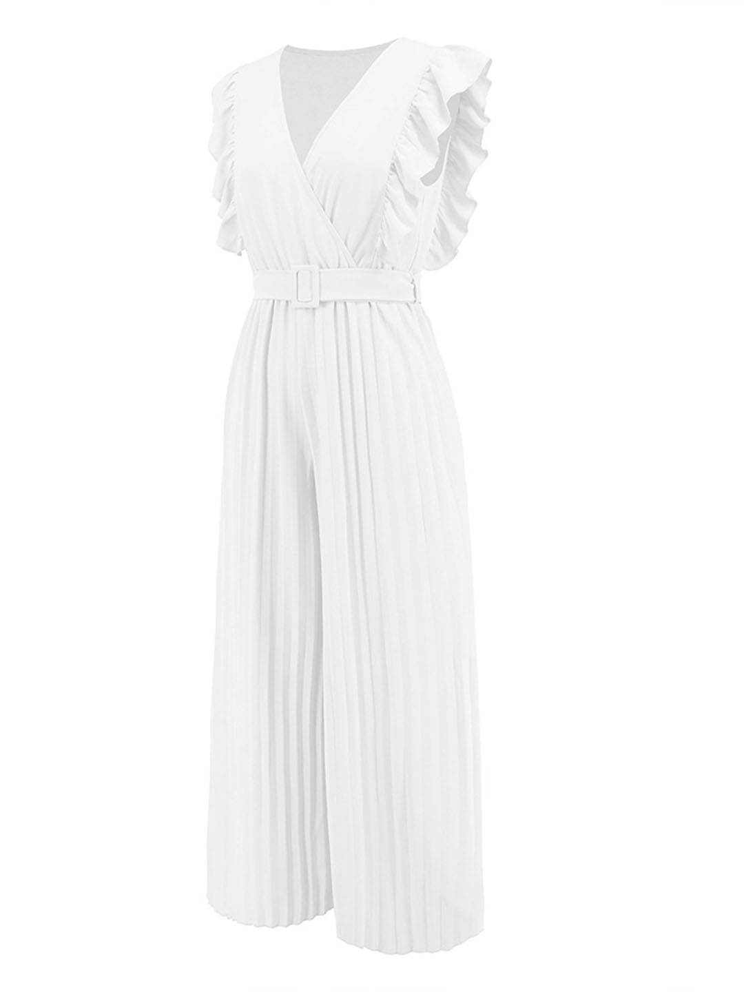 Sarah | Weite Hosenanzüge mit ausgestelltem Bein, V-Ausschnitt mit Rüschen, plissiertem Gürtel, ärmellos, elegant, boho, lässig