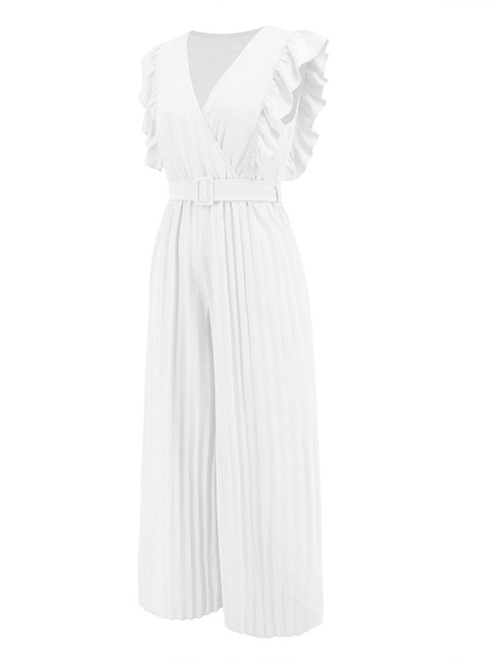 Sarah | Weite Hosenanzüge mit ausgestelltem Bein, V-Ausschnitt mit Rüschen, plissiertem Gürtel, ärmellos, elegant, boho, lässig