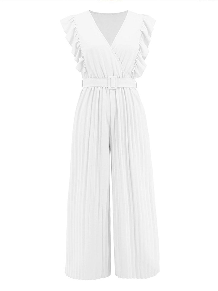 Sarah | Weite Hosenanzüge mit ausgestelltem Bein, V-Ausschnitt mit Rüschen, plissiertem Gürtel, ärmellos, elegant, boho, lässig