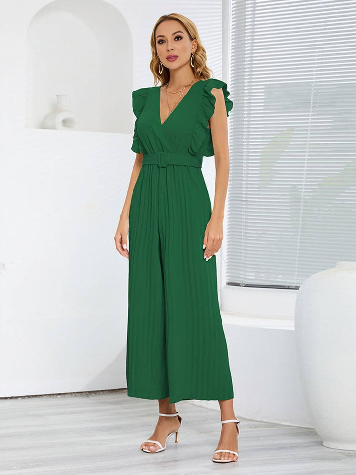Sarah | Weite Hosenanzüge mit ausgestelltem Bein, V-Ausschnitt mit Rüschen, plissiertem Gürtel, ärmellos, elegant, boho, lässig