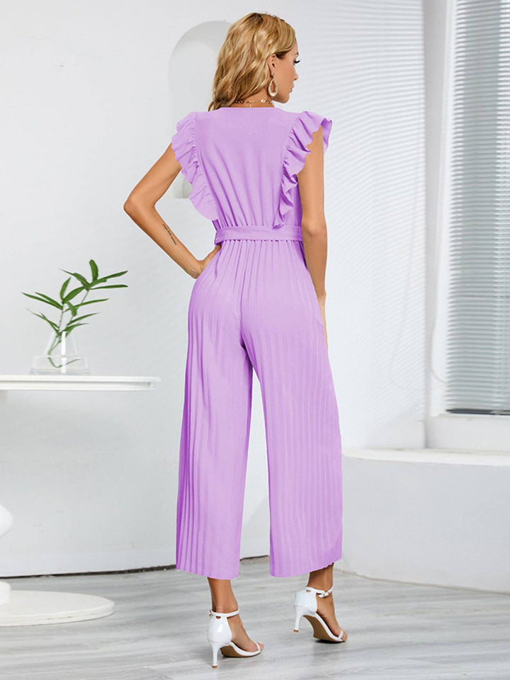Sarah | Weite Hosenanzüge mit ausgestelltem Bein, V-Ausschnitt mit Rüschen, plissiertem Gürtel, ärmellos, elegant, boho, lässig