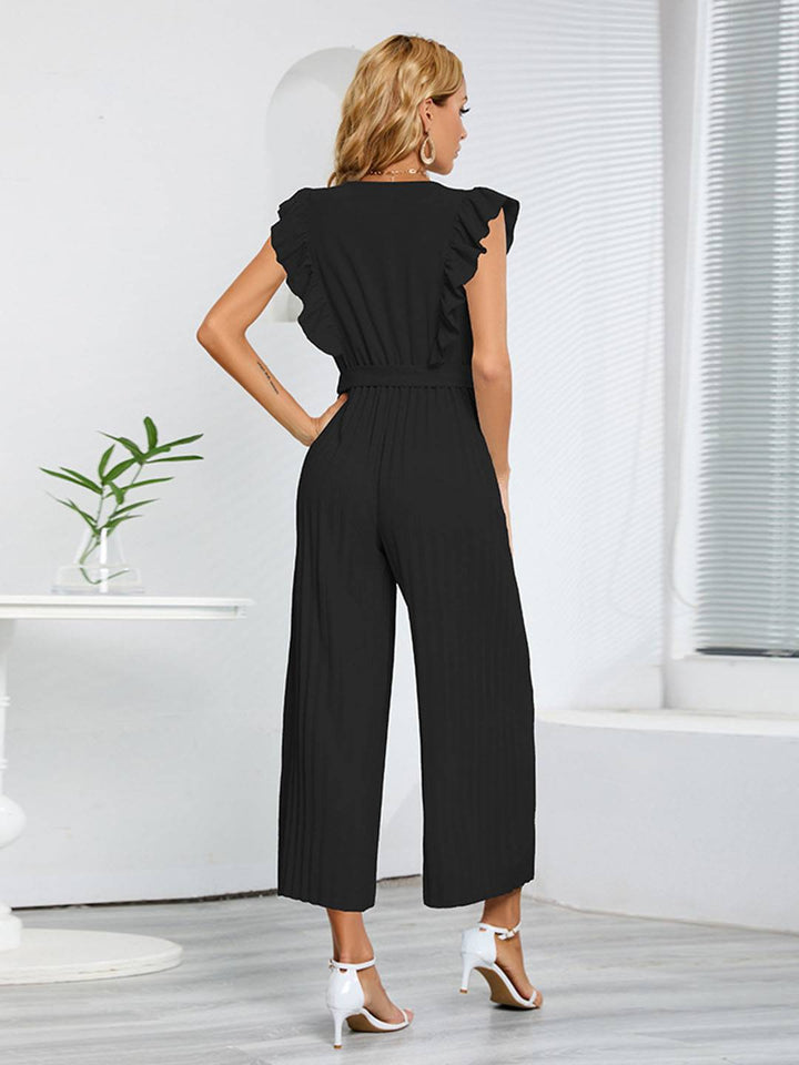 Sarah | Weite Hosenanzüge mit ausgestelltem Bein, V-Ausschnitt mit Rüschen, plissiertem Gürtel, ärmellos, elegant, boho, lässig