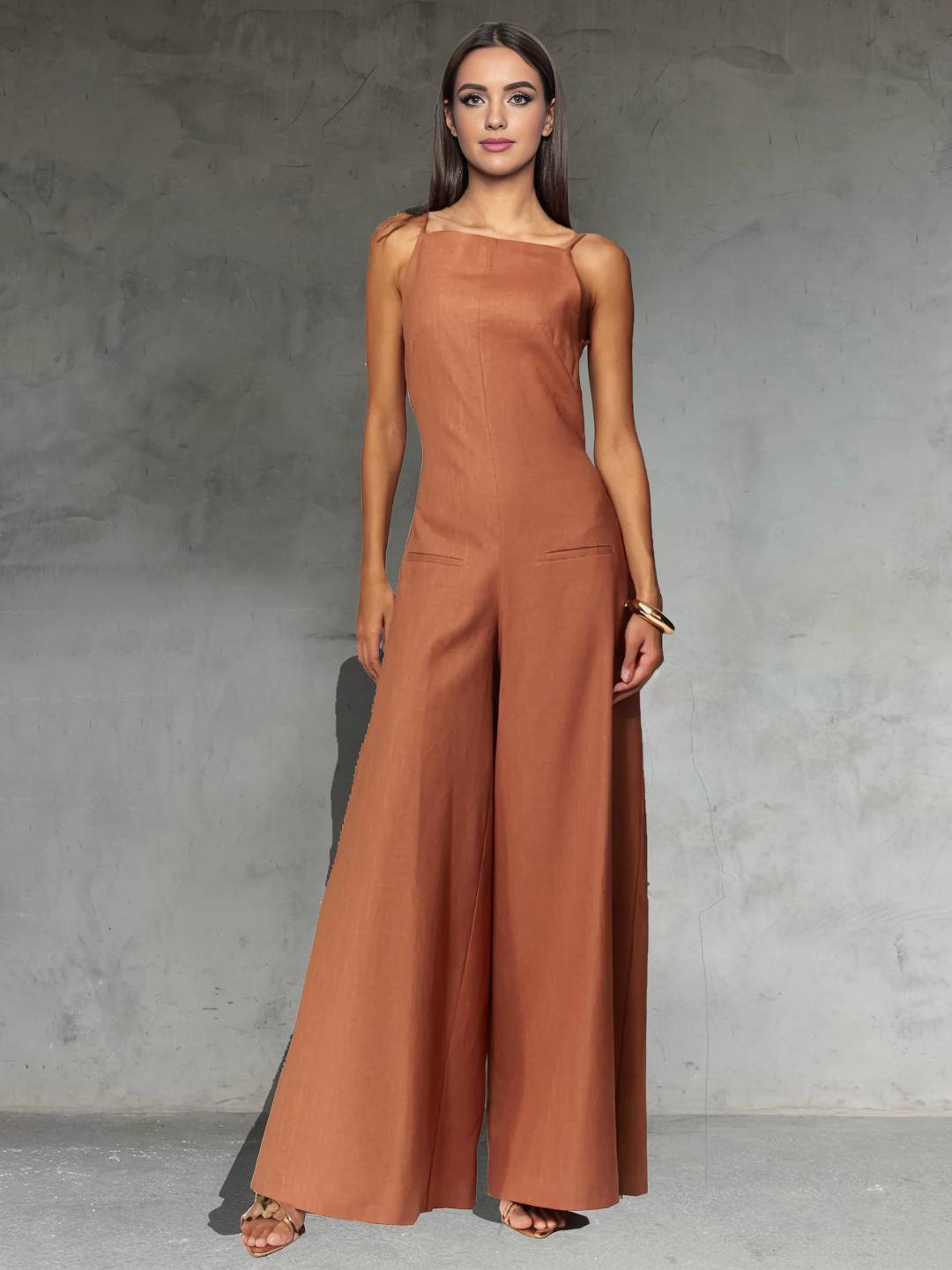 Lena | Weite, ausgestellte Overalls aus Leinen, rückenfrei, mit dünnen Trägern, ärmellos, elegant, lässig, im Urlaubsstil für Damen
