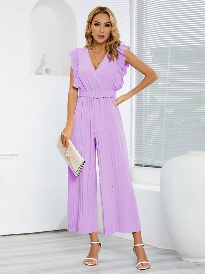 Sarah | Weite Hosenanzüge mit ausgestelltem Bein, V-Ausschnitt mit Rüschen, plissiertem Gürtel, ärmellos, elegant, boho, lässig