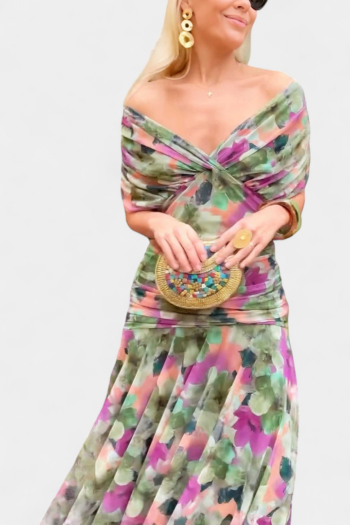 Florendra | Langes Kleid mit floralem Muster und V-Ausschnitt